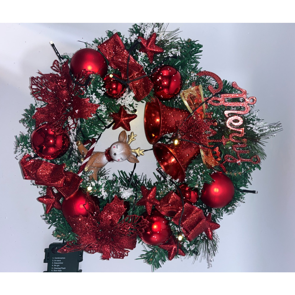 Pre Lit Merry Christmas Wreath with Twinkly Lights plus Reindeer Poinsettia Bell - Picture 3 of 16